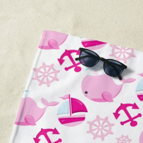 Pattern Of Whales Cute Whales Pink Whales Beach Towel
