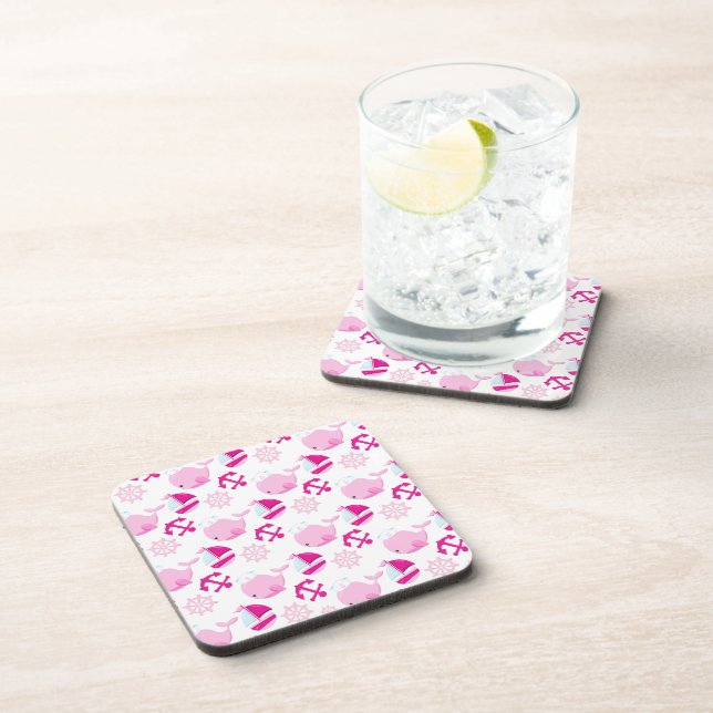 Pattern Of Whales, Cute Whales, Pink Whales Beverage Coaster (Right Side)