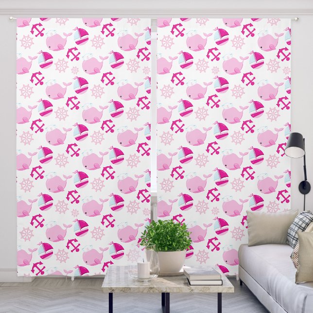 Pattern Of Whales, Cute Whales, Pink Whales Blackout Curtains (Living Room)