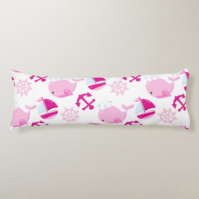 Pattern Of Whales, Cute Whales, Pink Whales Body Pillow (Front)