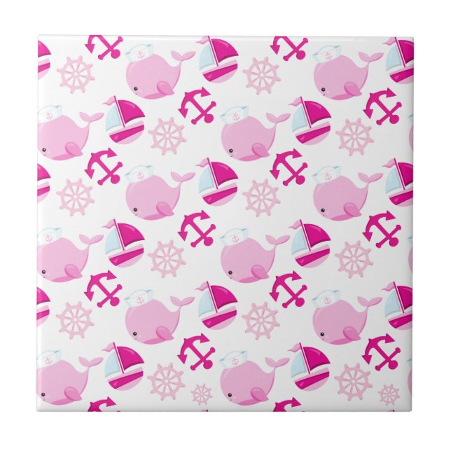 Pattern Of Whales, Cute Whales, Pink Whales Ceramic Tile (Front)