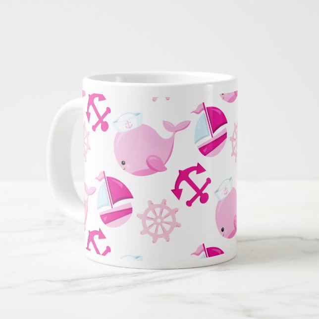 Pattern Of Whales, Cute Whales, Pink Whales Giant Coffee Mug (Front Left)