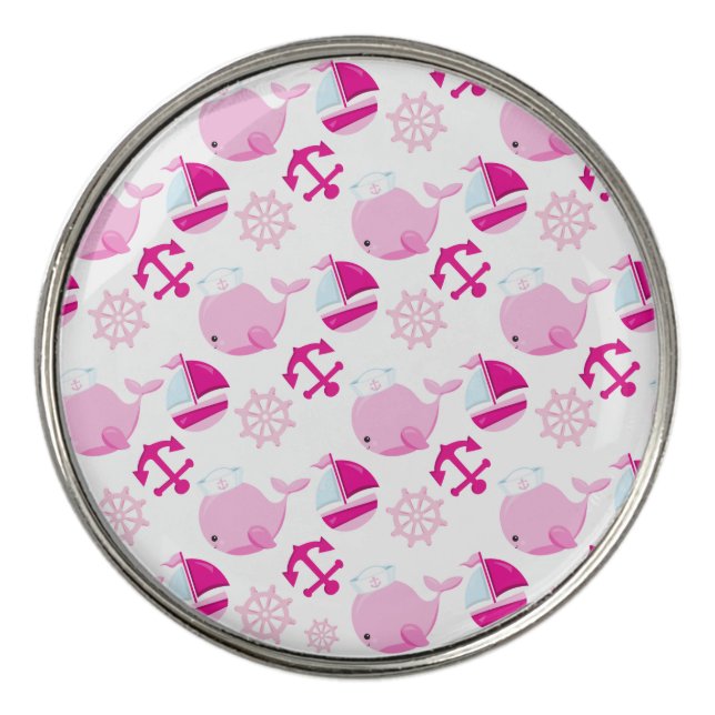 Pattern Of Whales, Cute Whales, Pink Whales Golf Ball Marker (Front)