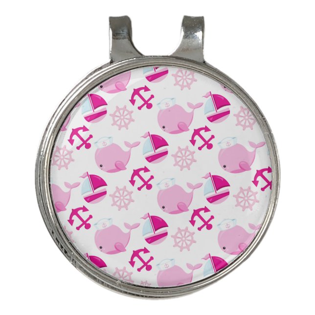Pattern Of Whales, Cute Whales, Pink Whales Golf Hat Clip (Front)