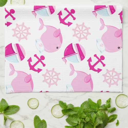 Pattern Of Whales Cute Whales Pink Whales Kitchen Towel