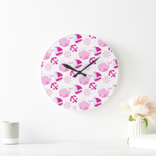 Pattern Of Whales Cute Whales Pink Whales Large Clock