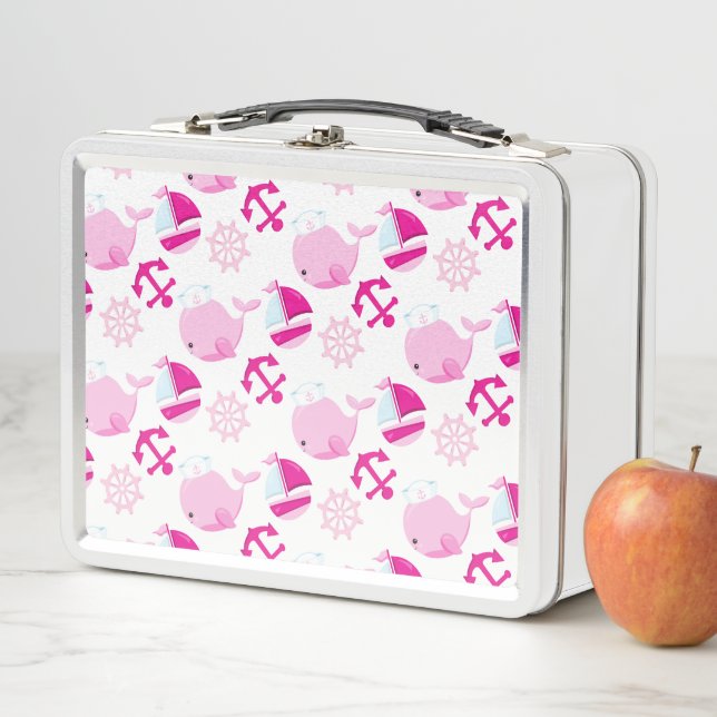 Pattern Of Whales, Cute Whales, Pink Whales Metal Lunch Box (In Situ)