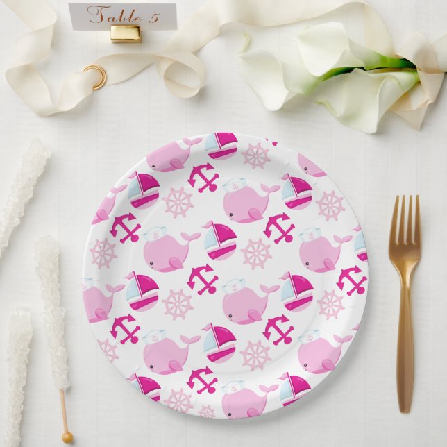 Pattern Of Whales, Cute Whales, Pink Whales Paper Plates (Wedding)