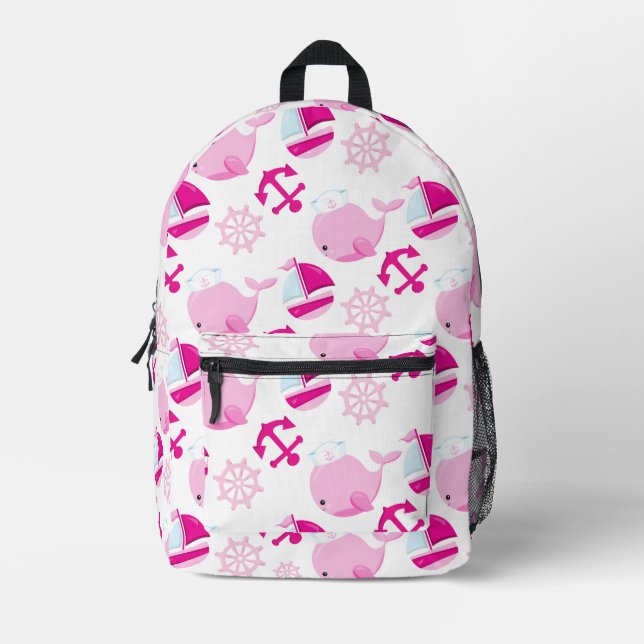 Pattern Of Whales, Cute Whales, Pink Whales Printed Backpack (Front)