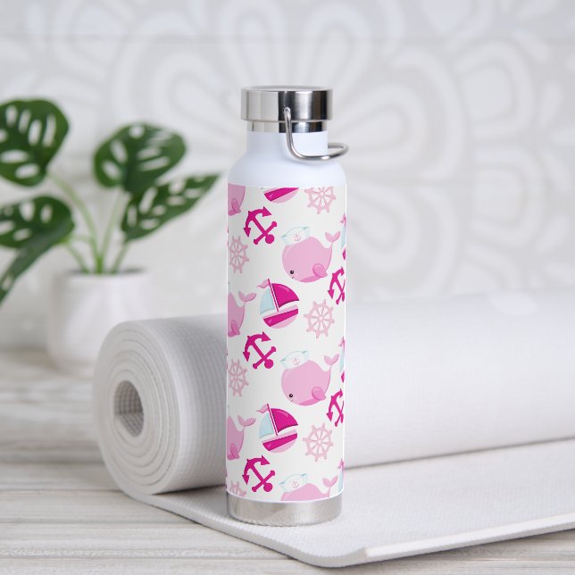 Pattern Of Whales, Cute Whales, Pink Whales Water Bottle (Yoga)