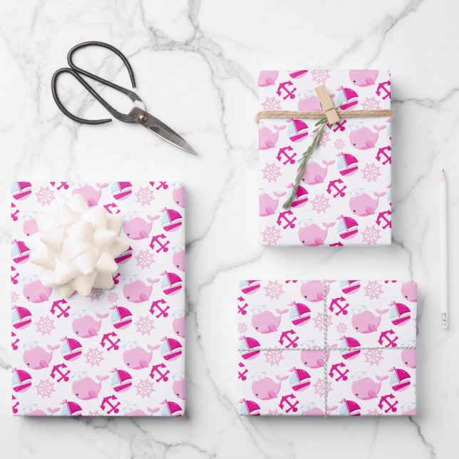 Pattern Of Whales, Cute Whales, Pink Whales Wrapping Paper Sheets (Front)
