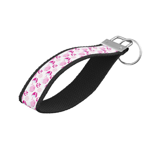 Pattern Of Whales, Cute Whales, Pink Whales Wrist Keychain (Angled Up)