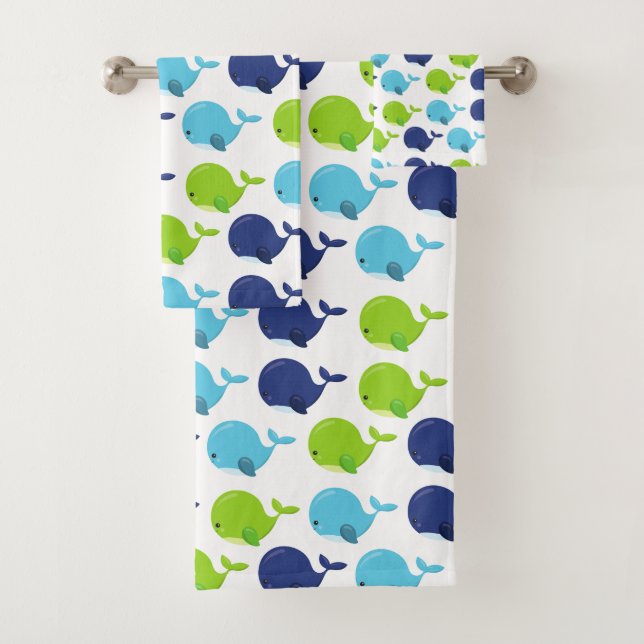 Pattern Of Whales, Cute Whales, Sea Animals Bath Towel Set (Insitu)