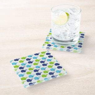 Pattern Of Whales, Cute Whales, Sea Animals Glass Coaster