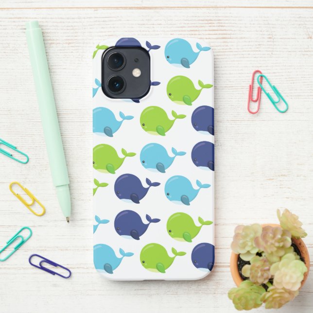 Pattern Of Whales, Cute Whales, Sea Animals iPhone Case (On Desk)