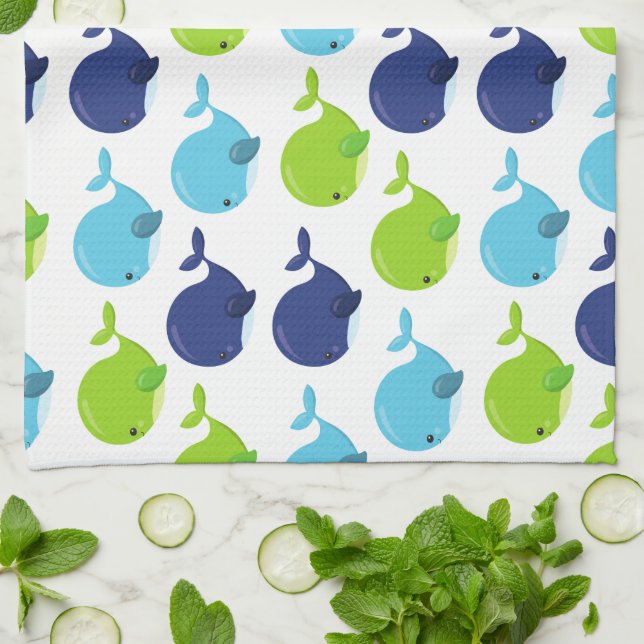 Pattern Of Whales, Cute Whales, Sea Animals Kitchen Towel (Folded)
