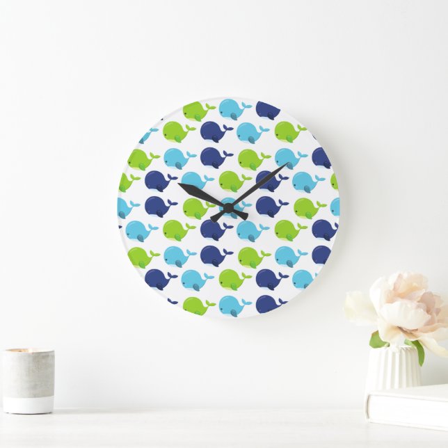 Pattern Of Whales, Cute Whales, Sea Animals Large Clock (Home)