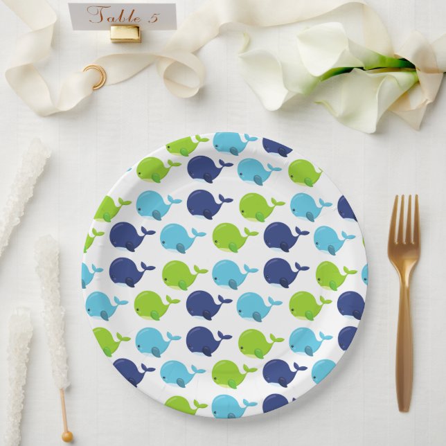 Pattern Of Whales, Cute Whales, Sea Animals Paper Plates (Wedding)