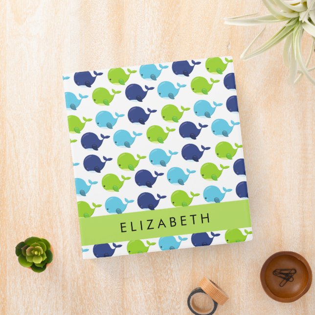 Pattern Of Whales, Cute Whales, Your Name 3 Ring Binder (In Situ)