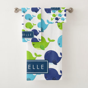Pattern Of Whales, Cute Whales, Your Name Bath Towel Set