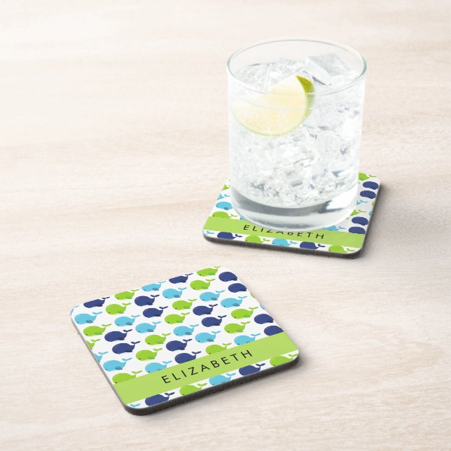 Pattern Of Whales, Cute Whales, Your Name Beverage Coaster (Right Side)