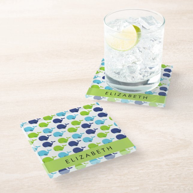 Pattern Of Whales, Cute Whales, Your Name Glass Coaster (Angled)