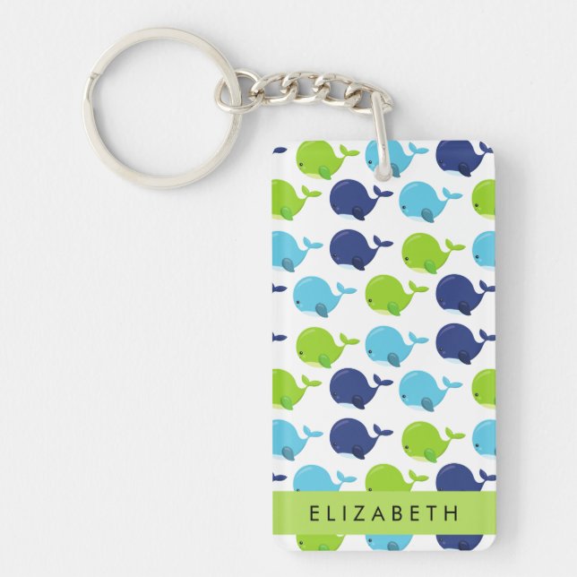 Pattern Of Whales, Cute Whales, Your Name Keychain (Front)