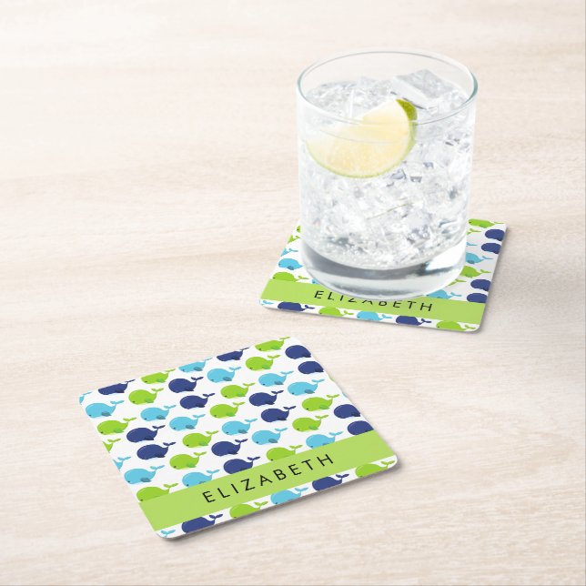 Pattern Of Whales, Cute Whales, Your Name Square Paper Coaster (Insitu)