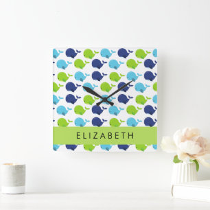 Pattern Of Whales, Cute Whales, Your Name Square Wall Clock