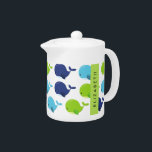 Pattern Of Whales, Cute Whales, Your Name Teapot<br><div class="desc">Cute, fun and adorable pattern with blue and green whales. Modern and trendy gift, perfect for the whale lover in your life. Personalize by adding your name, nickname, monogram or initials.</div>