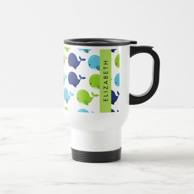 Pattern Of Whales, Cute Whales, Your Name Travel Mug (Right)