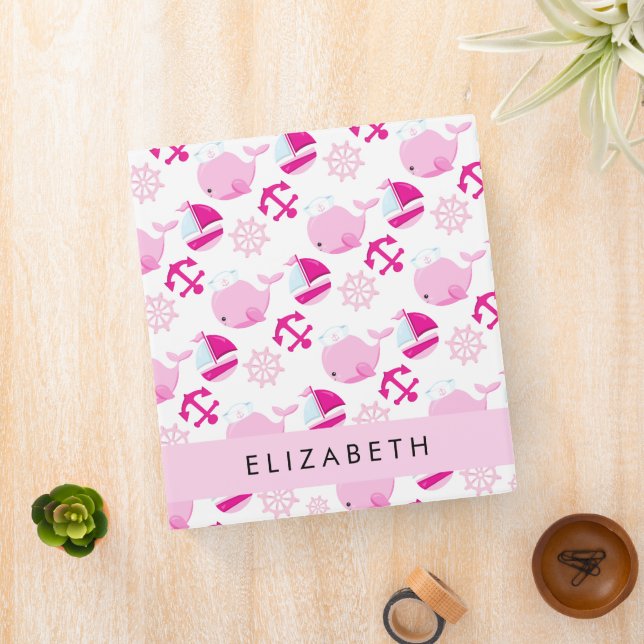 Pattern Of Whales, Pink Whales, Your Name 3 Ring Binder (In Situ)