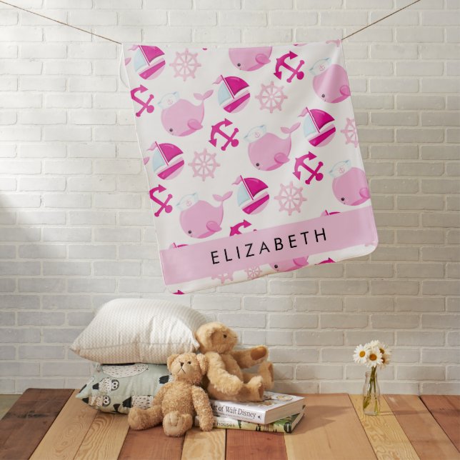 Pattern Of Whales, Pink Whales, Your Name Baby Blanket (In Situ)