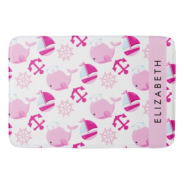 Pattern Of Whales, Pink Whales, Your Name Bath Mat (Front)