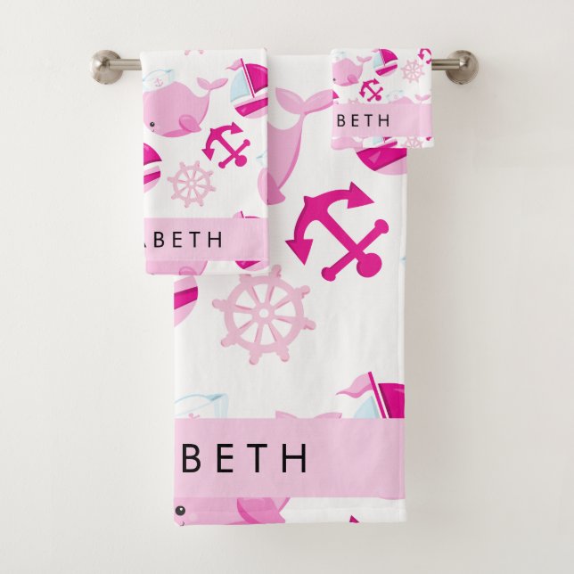 Pattern Of Whales, Pink Whales, Your Name Bath Towel Set (Insitu)