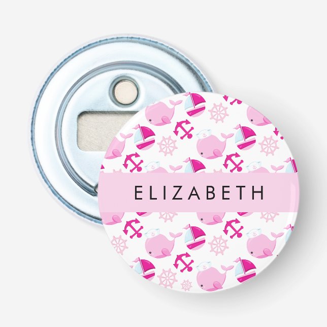 Pattern Of Whales, Pink Whales, Your Name Bottle Opener (Front)