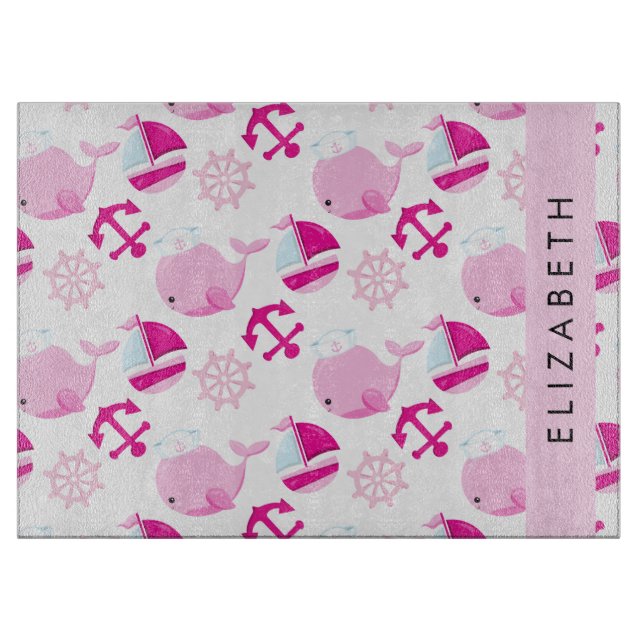 Pattern Of Whales, Pink Whales, Your Name Cutting Board (Front)