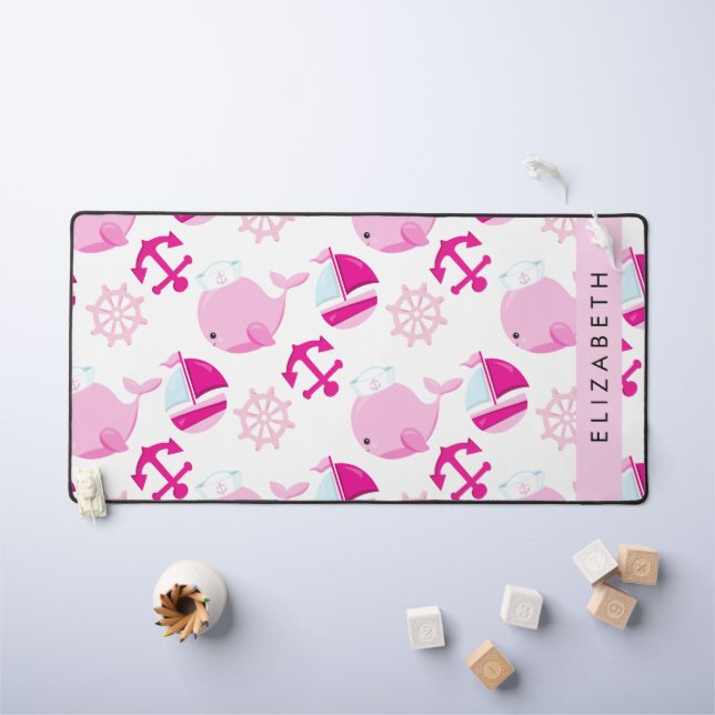 Pattern Of Whales, Pink Whales, Your Name Desk Mat (Kids Table)