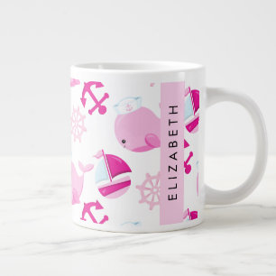 Pattern Of Whales, Pink Whales, Your Name Giant Coffee Mug