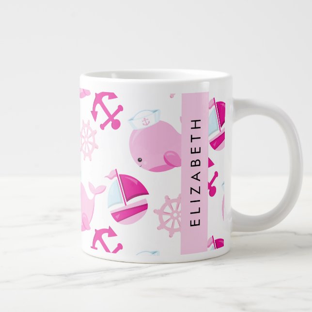 Pattern Of Whales, Pink Whales, Your Name Giant Coffee Mug (Right)