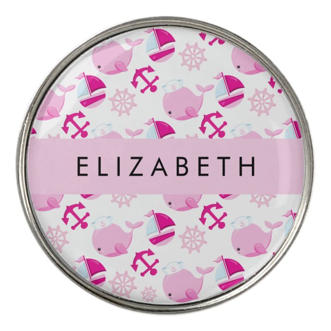 Pattern Of Whales, Pink Whales, Your Name Golf Ball Marker (Front)