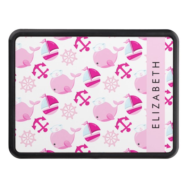 Pattern Of Whales, Pink Whales, Your Name Hitch Cover (Front)
