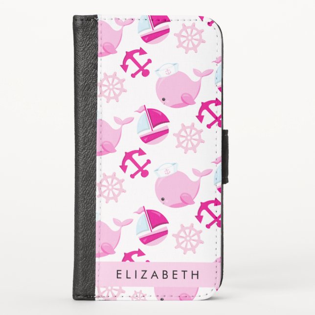 Pattern Of Whales, Pink Whales, Your Name iPhone Wallet Case (Front)