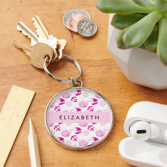 Pattern Of Whales, Pink Whales, Your Name Keychain (Desk)