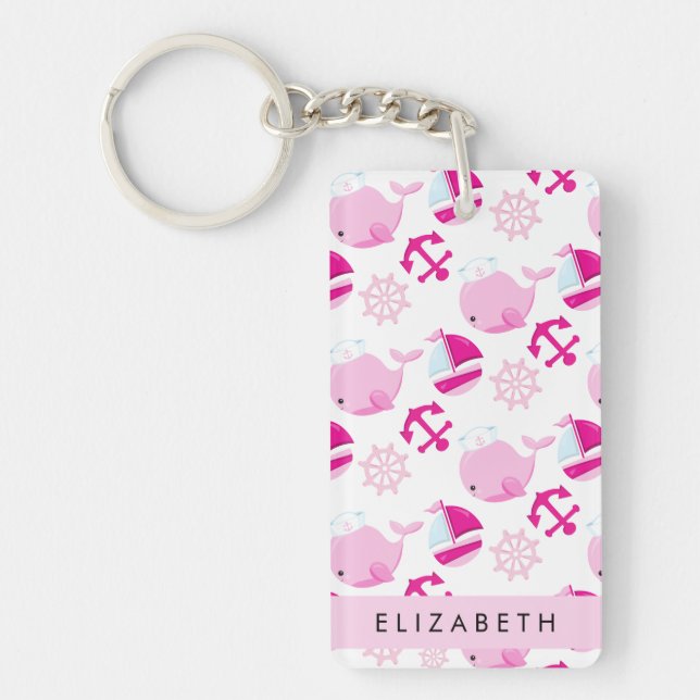 Pattern Of Whales, Pink Whales, Your Name Keychain (Front)