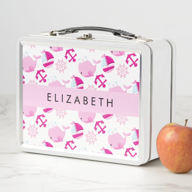 Pattern Of Whales, Pink Whales, Your Name Metal Lunch Box (In Situ)