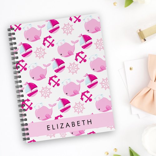 Pattern Of Whales Pink Whales Your Name Notebook