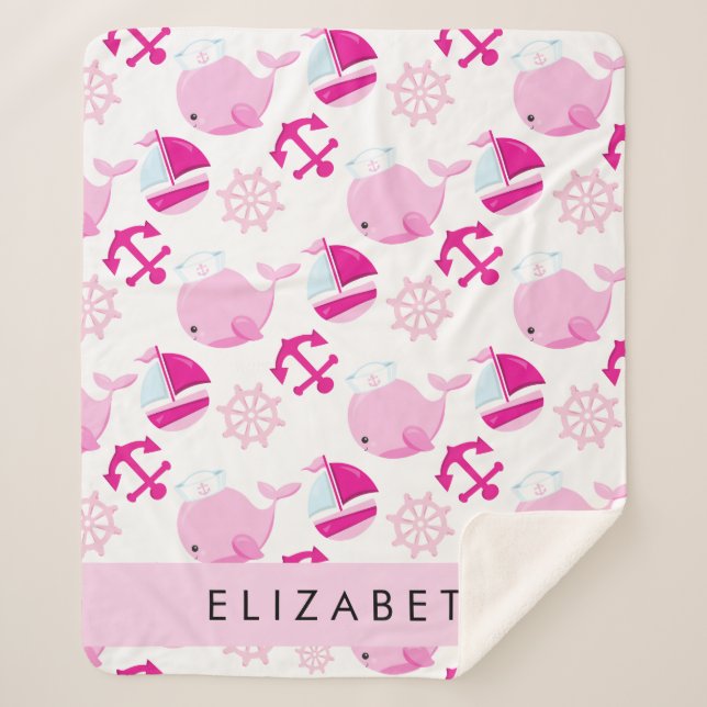 Pattern Of Whales, Pink Whales, Your Name Sherpa Blanket (Front)