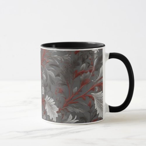 Pattern of white and grey leaves with red stem mug