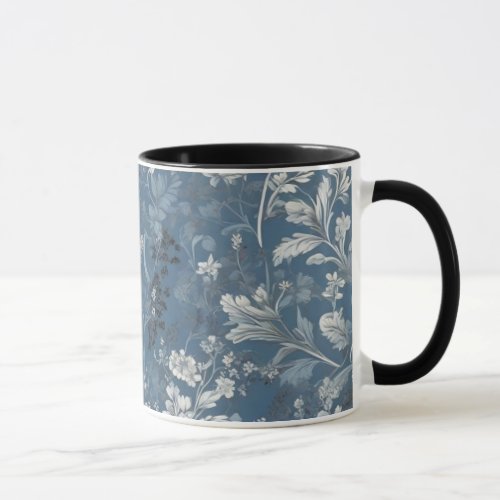 Pattern of white flowers and blue leaves mug